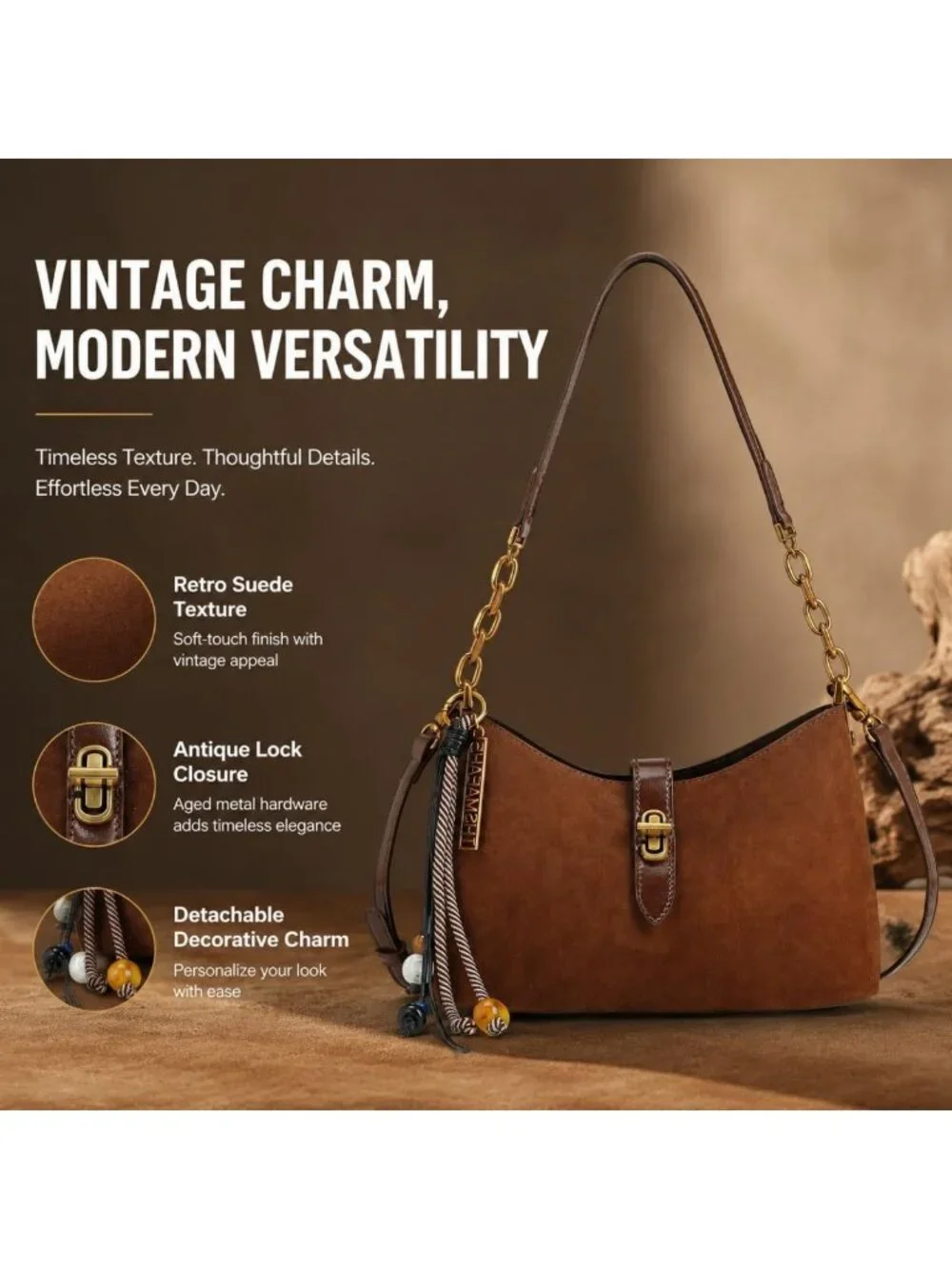 Lightweight Suede Crescent Shoulder Bag, Hobo Purse with Chain & Adjustable